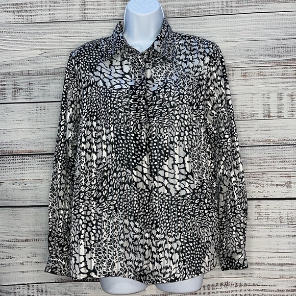 Yves St. Clair Button Down Blouse Black & White Animal Print | Size 8 - Picture 1 of 9